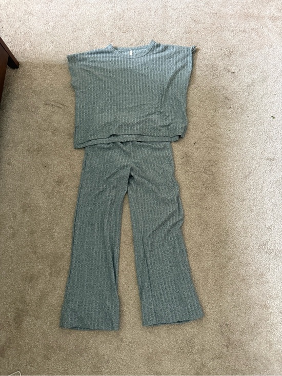 Rylee + Cru Pants - Rylee + Cru Ribbed Wide-Leg Knit Set in Heather Green
